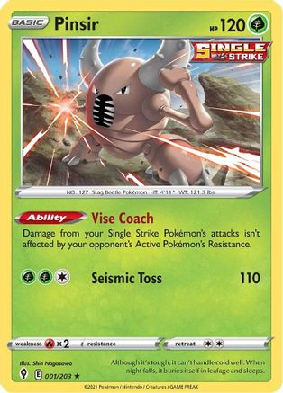 Pinsir 001/203 - Reverse Holofoil SWSH07 Evolving Skies - Rare