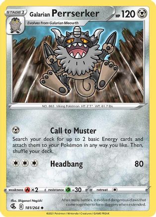 Galarian Perrserker 181/264 - Reverse Holofoil SWSH08 Fusion Strike - Uncommon