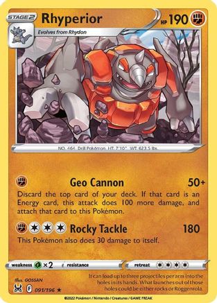 Rhyperior 091/196 - Reverse Holofoil SWSH11 Lost Origin - Rare