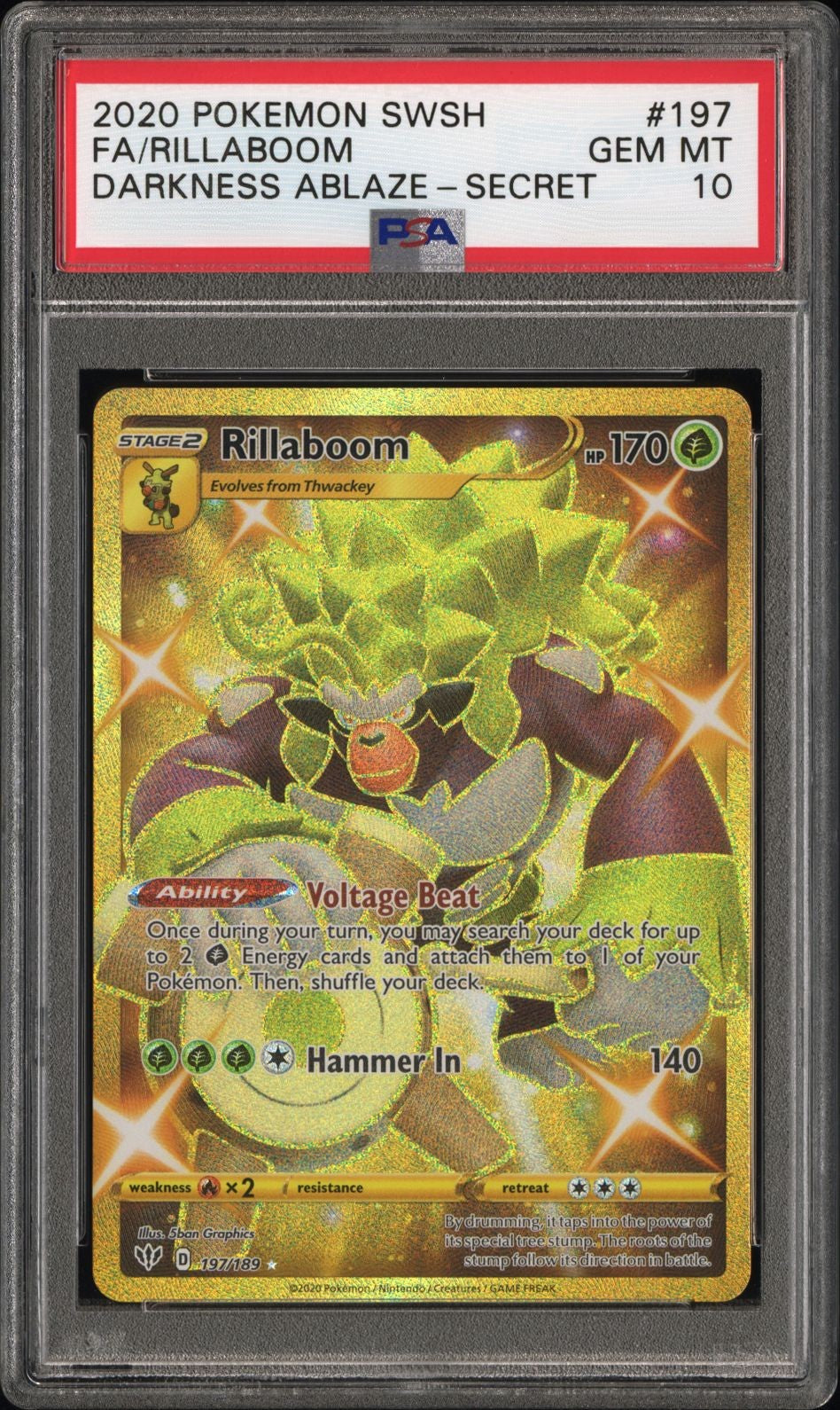 PSA 10 - 2020 Pokemon Darkness Ablaze #197 Rillaboom Gold Secret Rare