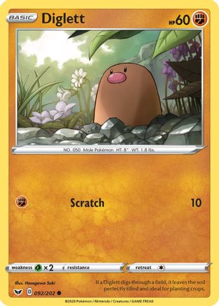 Diglett 092/202  - Reverse Holofoil SWSH01 Sword & Shield Base Set - Common