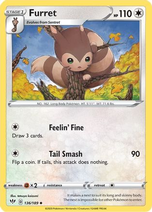 Furret 136/189  - Reverse Holofoil SWSH03 Darkness Ablaze - Uncommon