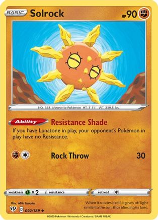Solrock 092/189  - Reverse Holofoil SWSH03 Darkness Ablaze - Uncommon