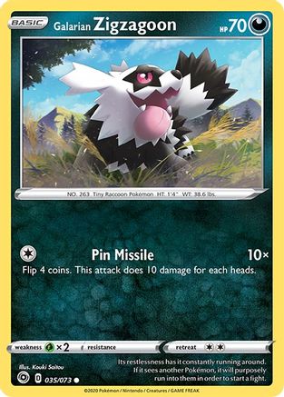 Galarian Zigzagoon 035/73  - Reverse Holofoil Champions Path - Common