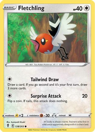 Fletchling 138/203  - Reverse Holofoil SWSH07 Evolving Skies - Common