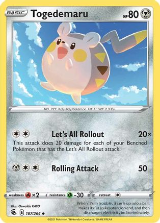 Togedemaru 187/264  - Reverse Holofoil SWSH08 Fusion Strike - Uncommon