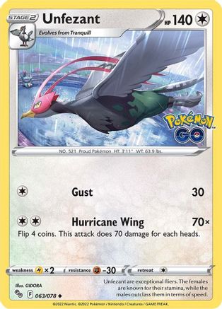 Unfezant 063/078  - Reverse Holofoil Pokemon GO - Uncommon