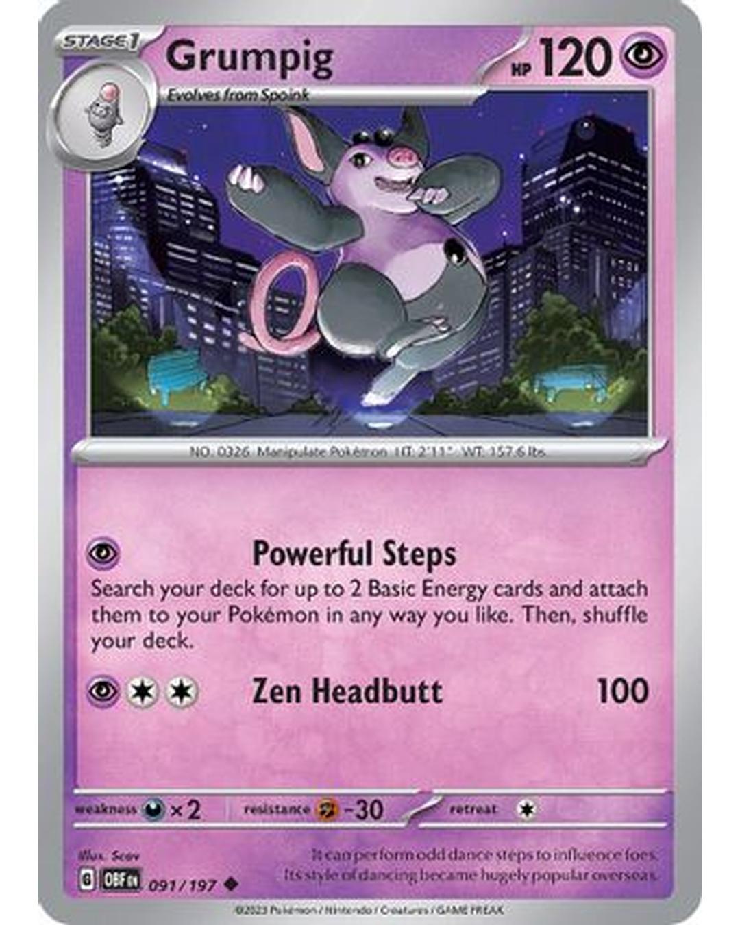 Grumpig 091/197  - Reverse Holofoil SV03 Obsidian Flames - Uncommon