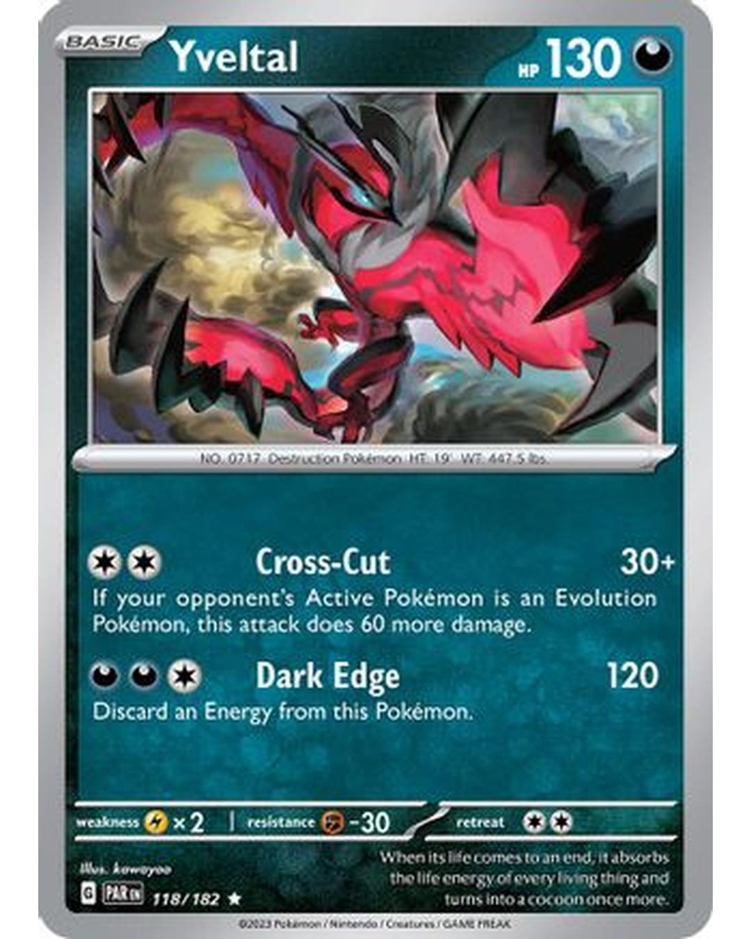 Yveltal 118/182  - Reverse Holofoil SV04 Paradox Rift - Rare