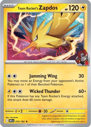 Team Rocket's Zapdos 070/182  - Reverse Holofoil SV10 Destined Rivals - Rare