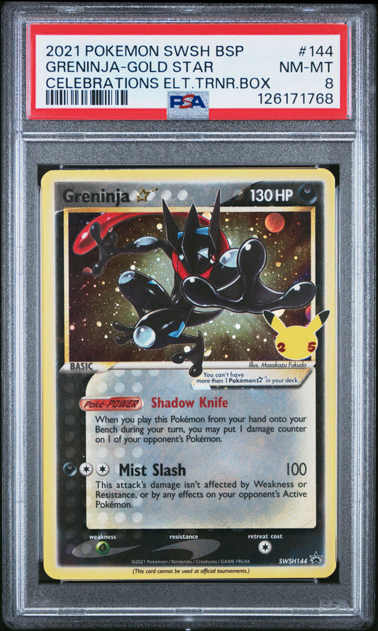 PSA 8 - 2021 Pokemon SWSH Black Star Promo #144 Greninja Gold Star Celebrations Elite Trainer Box